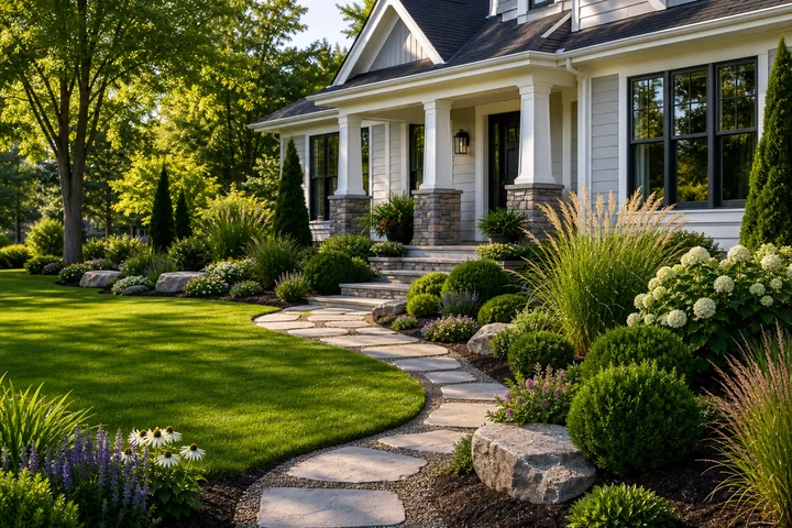 Finished front yard landscape design with curved planting beds
