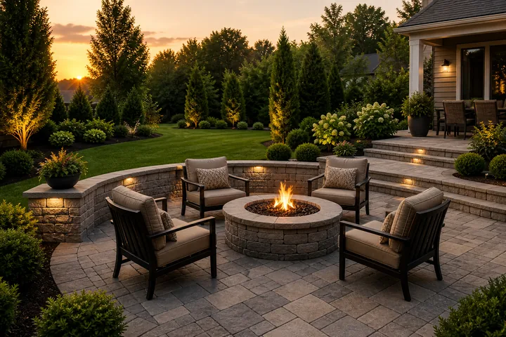 Stone patio hardscaping with fire pit and outdoor chairs