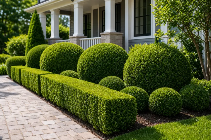 Precisely trimmed hedges along a residential walkway