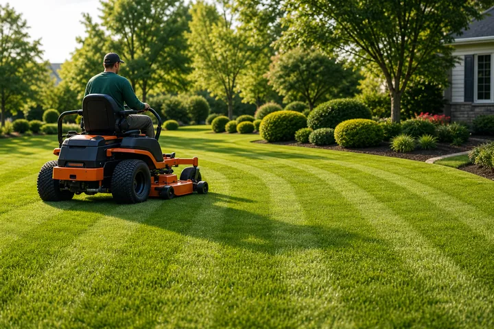 Professional riding mower cutting a green residential lawn