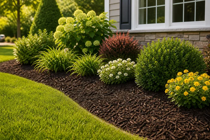 Fresh mulch around shrubs and flowering plants